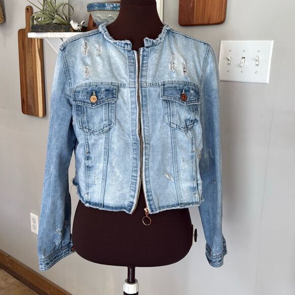 One 5 one denim jacket womens size large distressed light wash y2k western fair - Picture 1 of 10